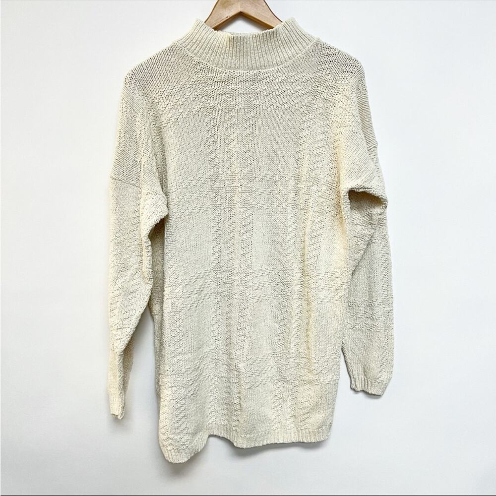 80s Vintage Cream Nova Check Plaid Embroidered Sweater Mock Neck Pullover Small